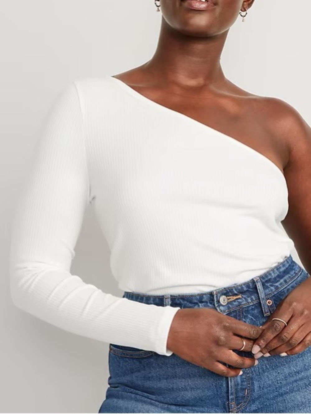 Old Navy Women XS Ivory Long Sleeve Asymmetric One-Shoulder Rib-Knit Top NWT